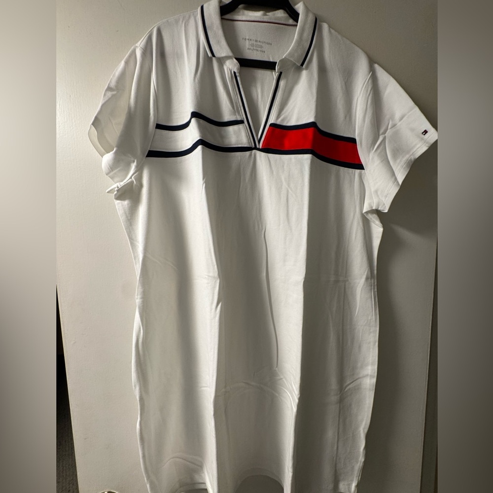 Women’s White Polo cotton blend V-neck dress with Red and Blue Stripes